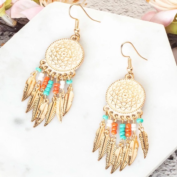 Gold Boho Western Feather Fringe Earrings - Picture 4 of 7